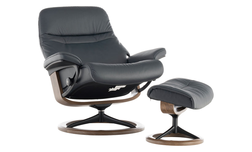 Stressless Shadow Blue Sunrise Chair and Ottoman (Large)